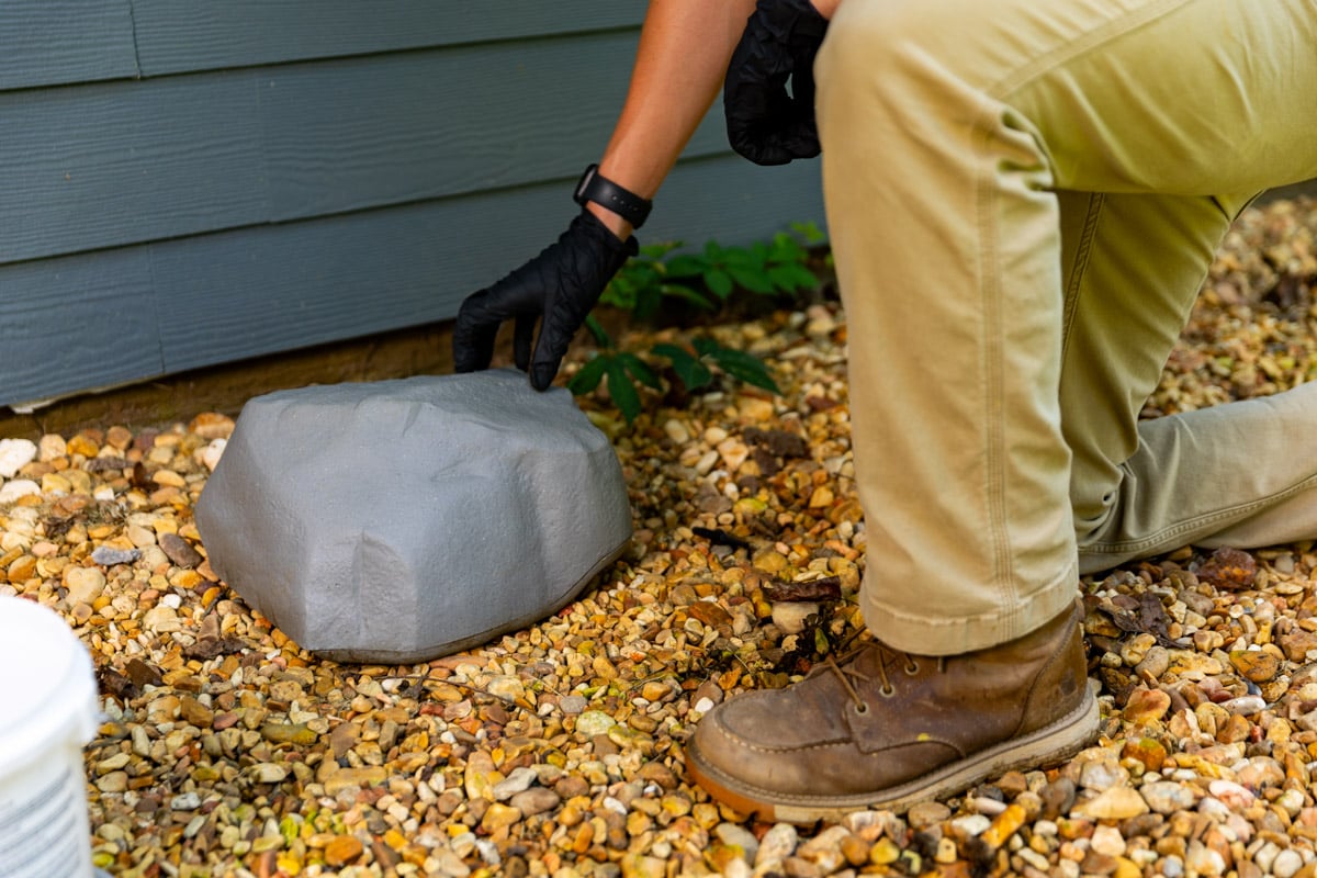 pest control technician rodent bait station outdoor foundation