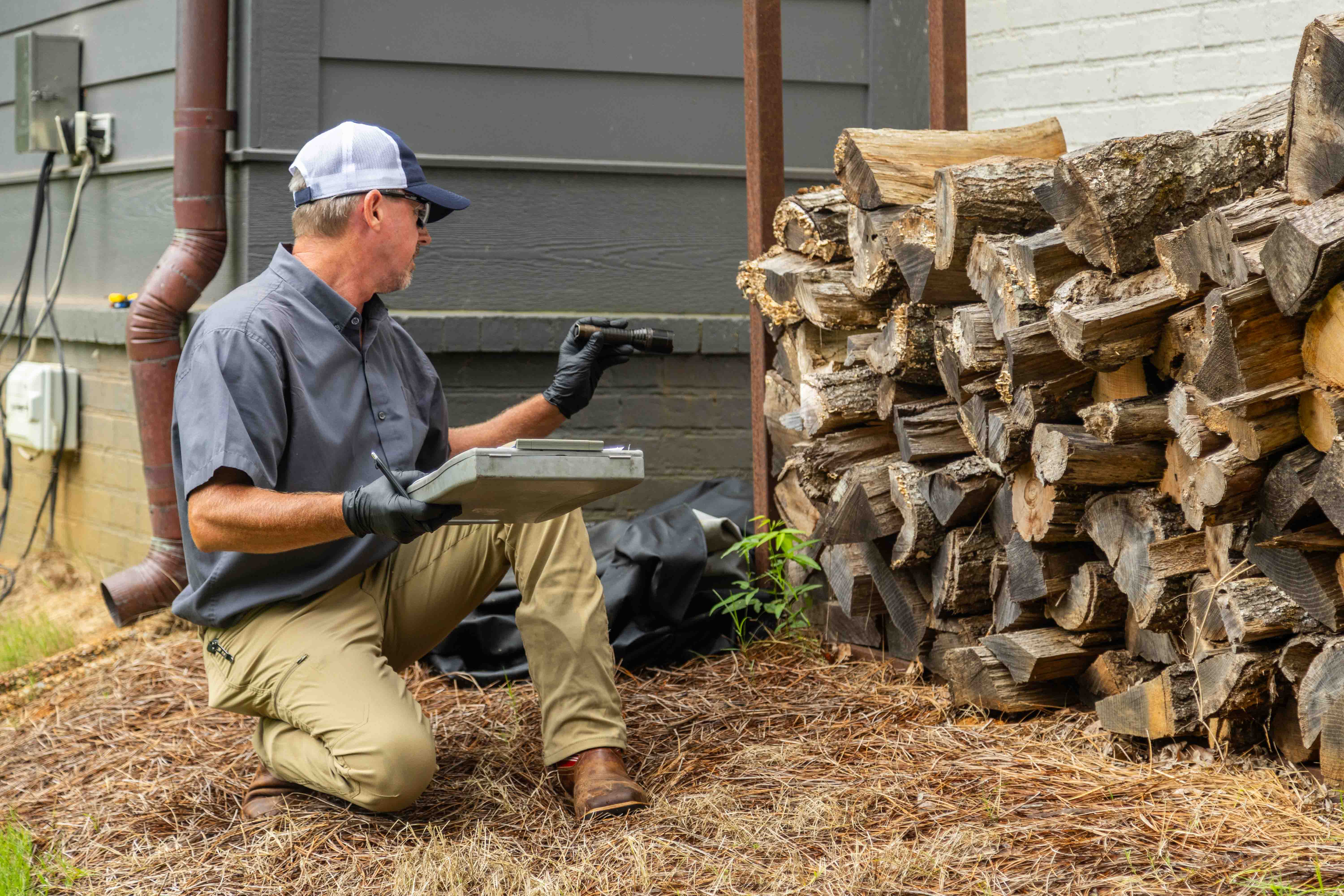 pest control tech crew fire wood pile inspection 2